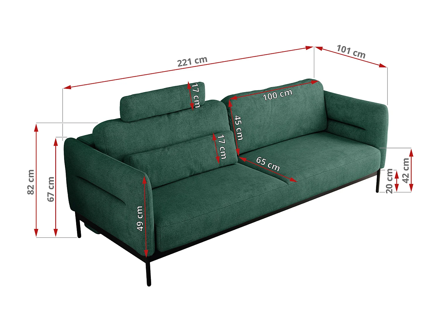Sofa SALENTO - 3-Sitzer mit Metallbeine, mobile Kopfstütze, Schlafsofa mit lose Kissen - Grün Strukture