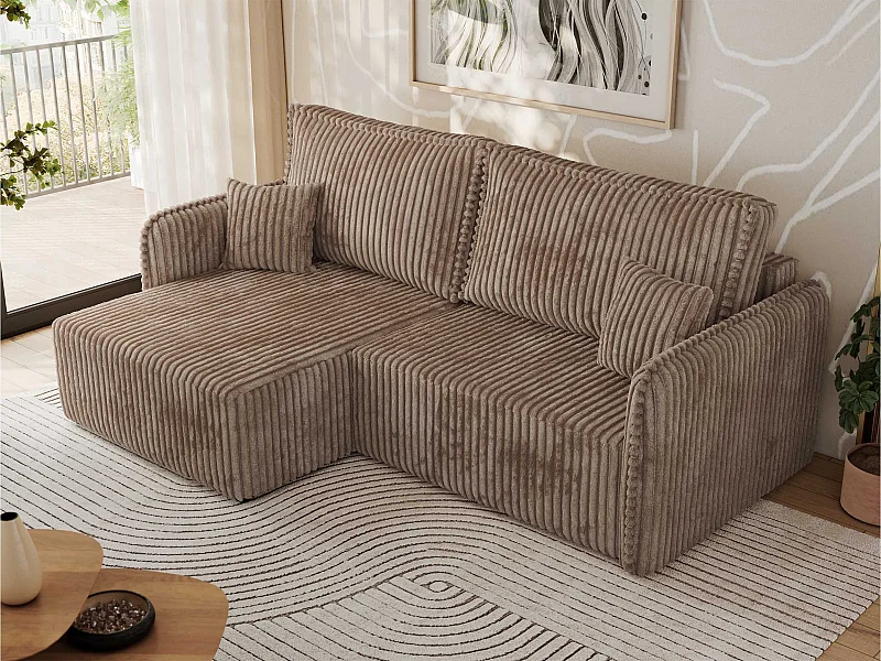 Ecksofa MESTO - Schlaffunktion und Bettkasten, L-form Couch für das Wohnzimmer, Armlehnen - Braun Cord - Ecke Links