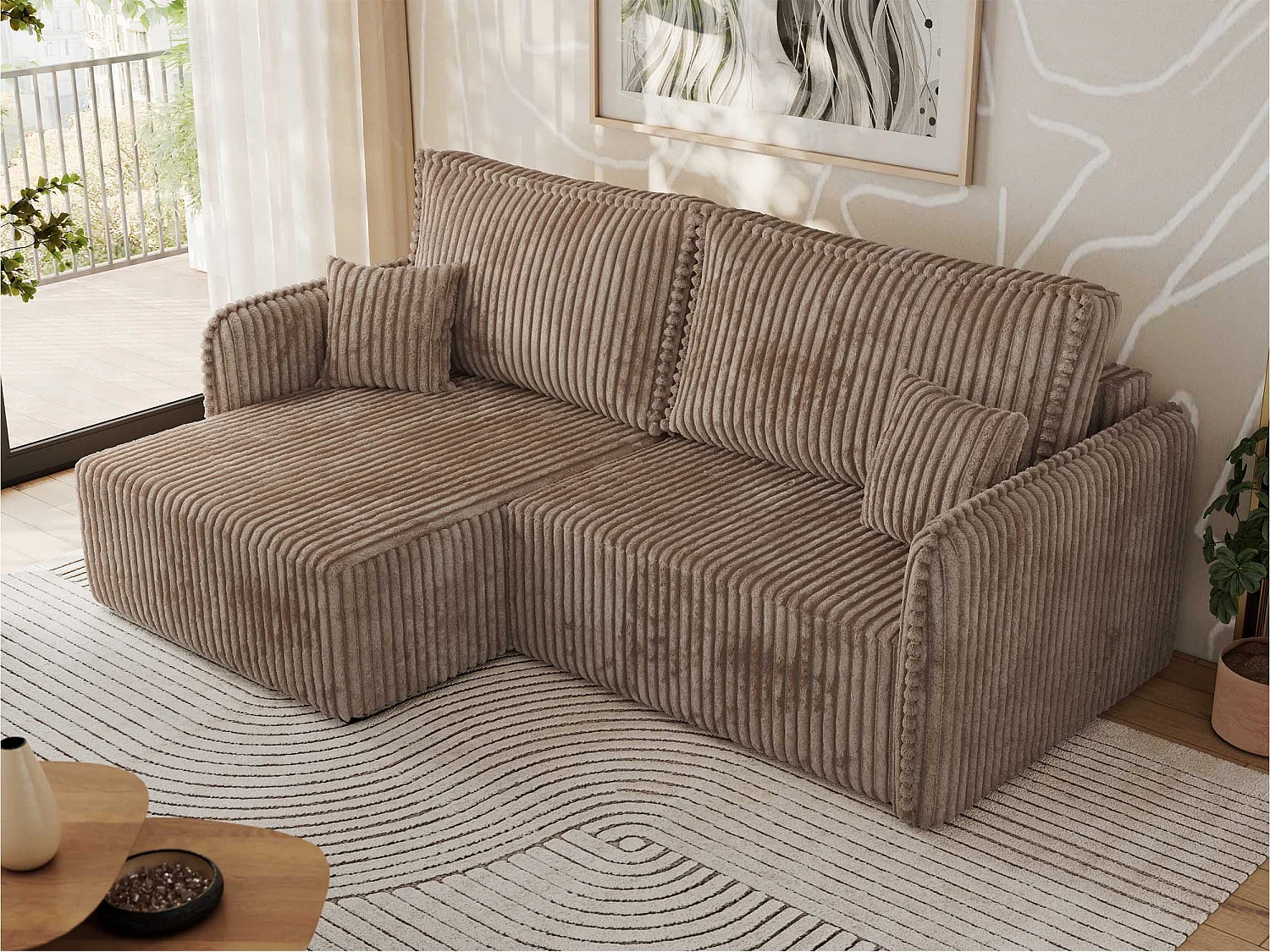 Ecksofa MESTO - Schlaffunktion und Bettkasten, L-form Couch für das Wohnzimmer, Armlehnen - Braun Cord - Ecke Links