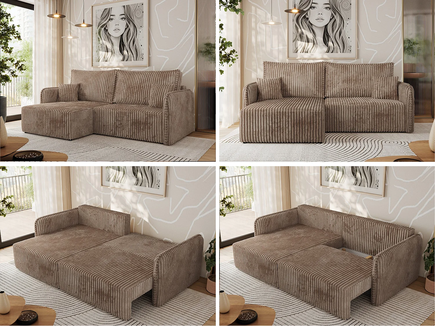 Ecksofa MESTO - Schlaffunktion und Bettkasten, L-form Couch für das Wohnzimmer, Armlehnen - Braun Cord - Ecke Links
