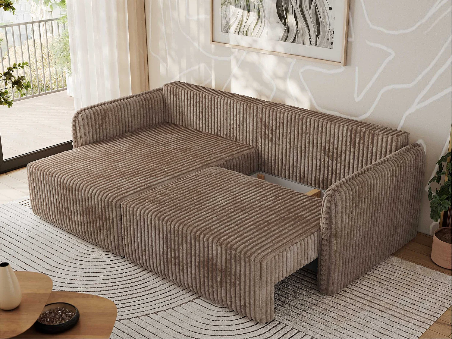 Ecksofa MESTO - Schlaffunktion und Bettkasten, L-form Couch für das Wohnzimmer, Armlehnen - Braun Cord - Ecke Links