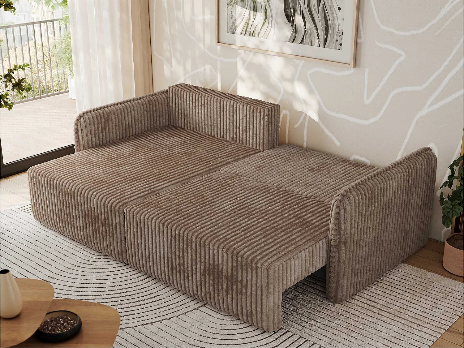 Ecksofa MESTO - Schlaffunktion und Bettkasten, L-form Couch für das Wohnzimmer, Armlehnen - Braun Cord - Ecke Links