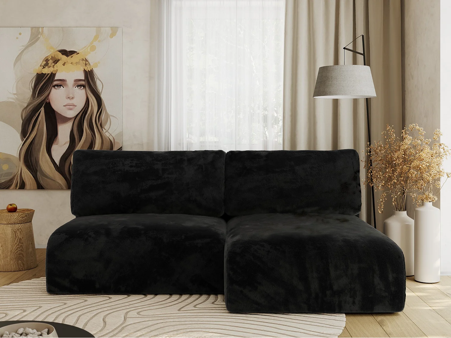 Ecksofa VIVO - L-form Couch mit Schlaffunktion und Bettkasten, Wellenfeder - Schwarz Plüsch - Ecke Rechts