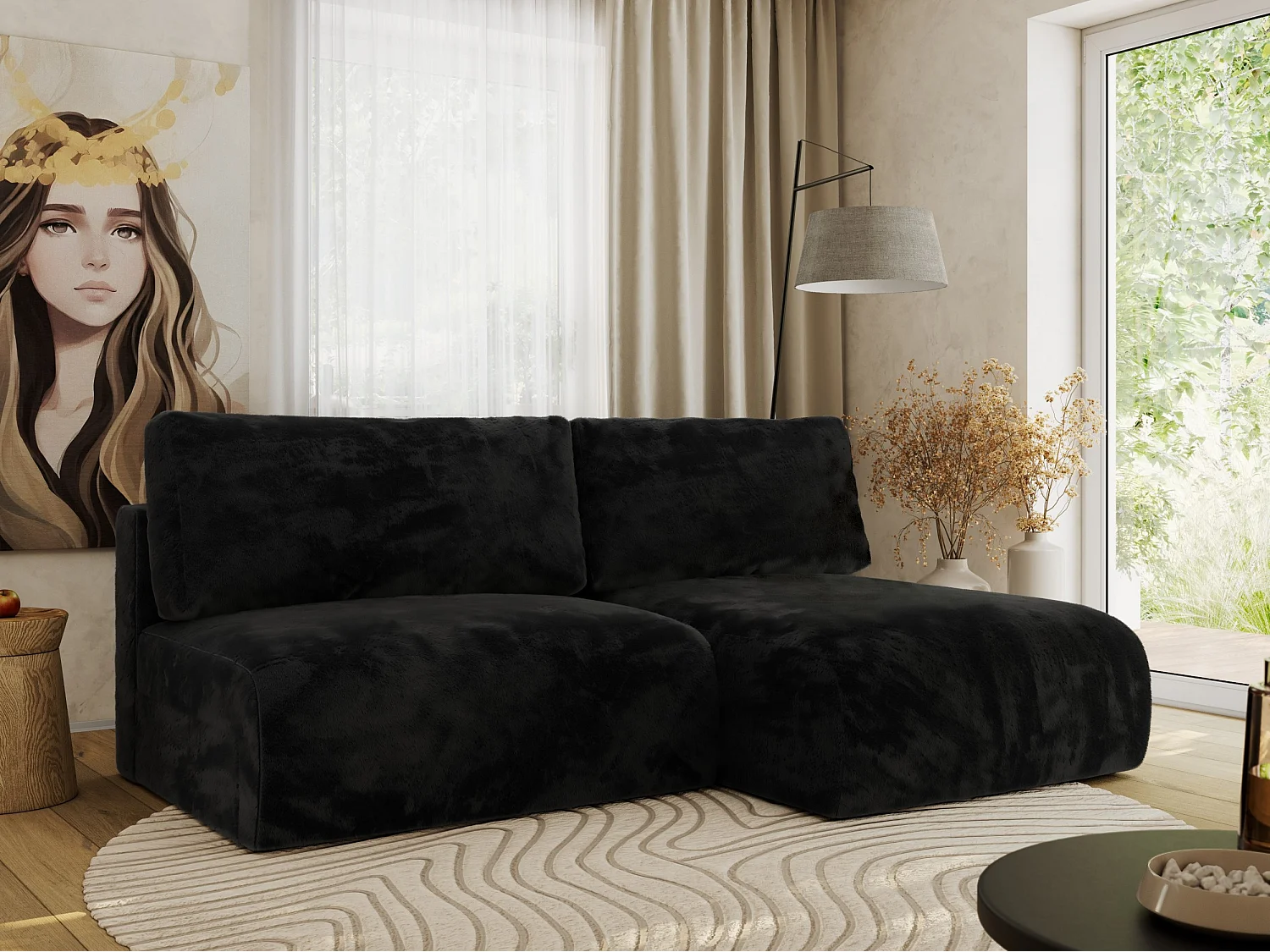 Ecksofa VIVO - L-form Couch mit Schlaffunktion und Bettkasten, Wellenfeder - Schwarz Plüsch - Ecke Rechts