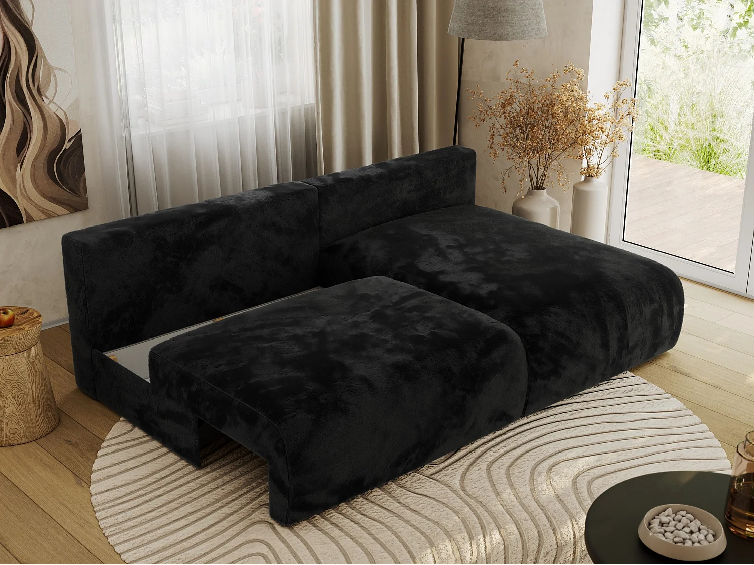 Ecksofa VIVO - L-form Couch mit Schlaffunktion und Bettkasten, Wellenfeder - Schwarz Plüsch - Ecke Rechts