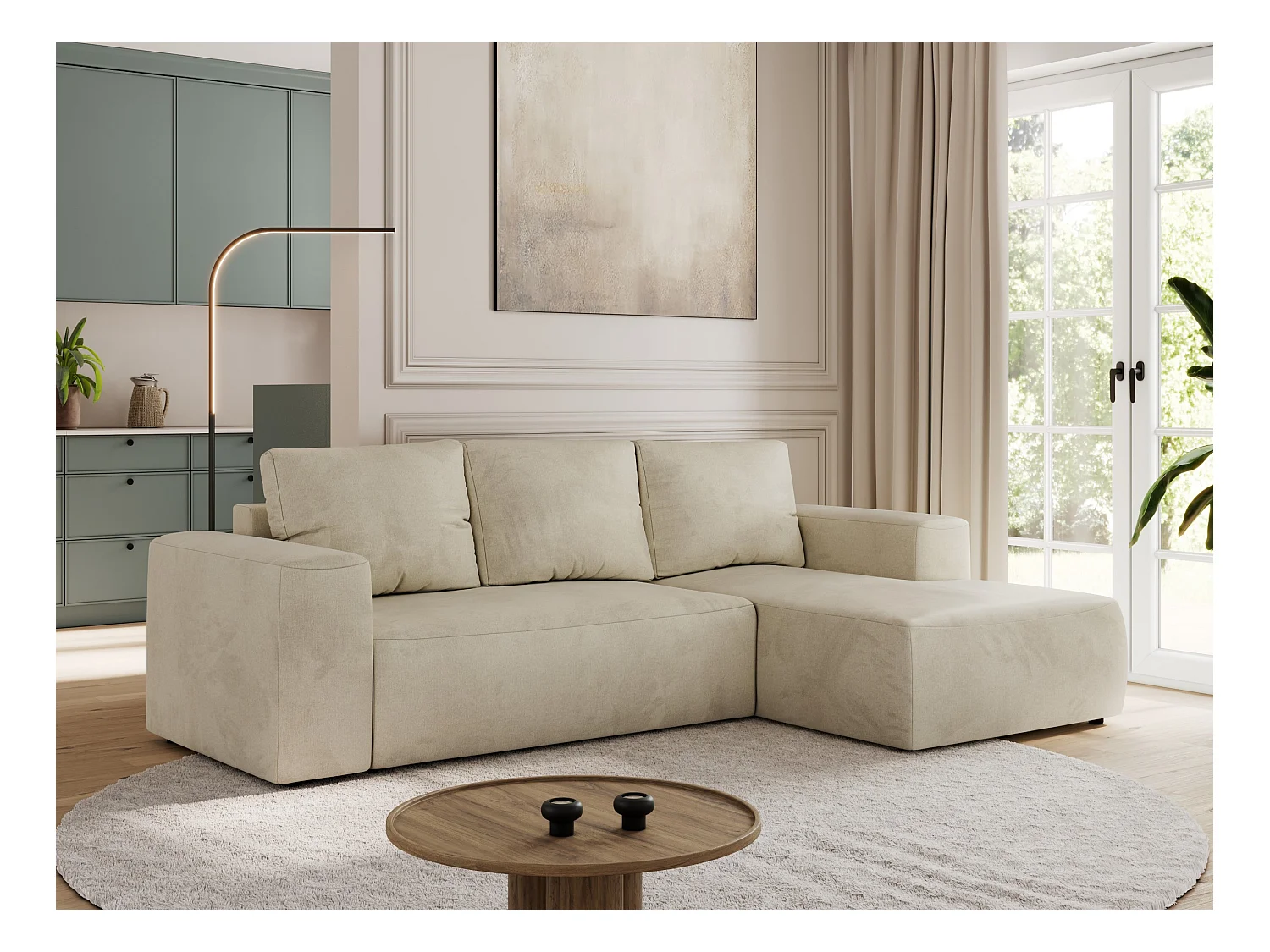 Ecksofa TRENTINO - mit Schlaffunktion und Bettkasten, L-form Couch, lose Kissen und Armlehnen - Beige Velvet - Ecke Rechts