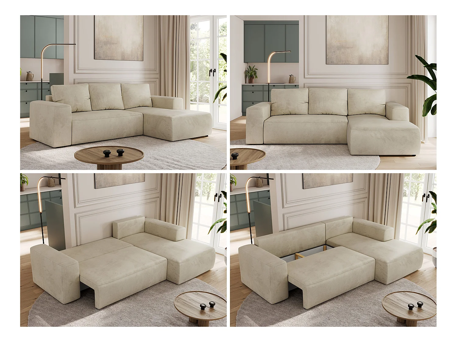 Ecksofa TRENTINO - mit Schlaffunktion und Bettkasten, L-form Couch, lose Kissen und Armlehnen - Beige Velvet - Ecke Rechts
