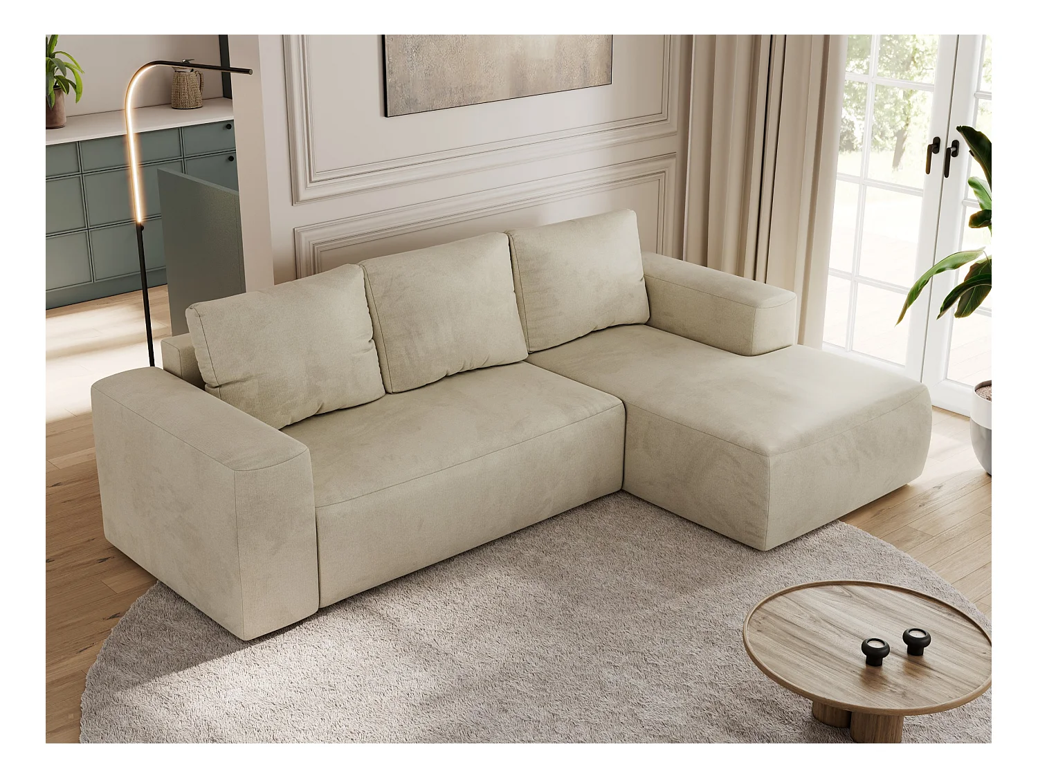 Ecksofa TRENTINO - mit Schlaffunktion und Bettkasten, L-form Couch, lose Kissen und Armlehnen - Beige Velvet - Ecke Rechts