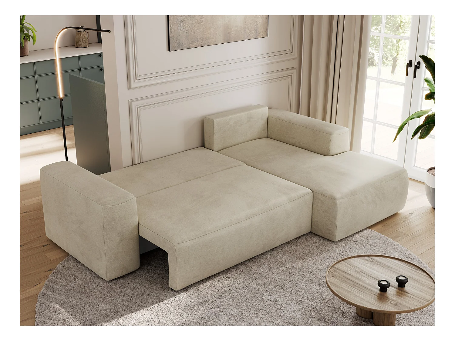 Ecksofa TRENTINO - mit Schlaffunktion und Bettkasten, L-form Couch, lose Kissen und Armlehnen - Beige Velvet - Ecke Rechts