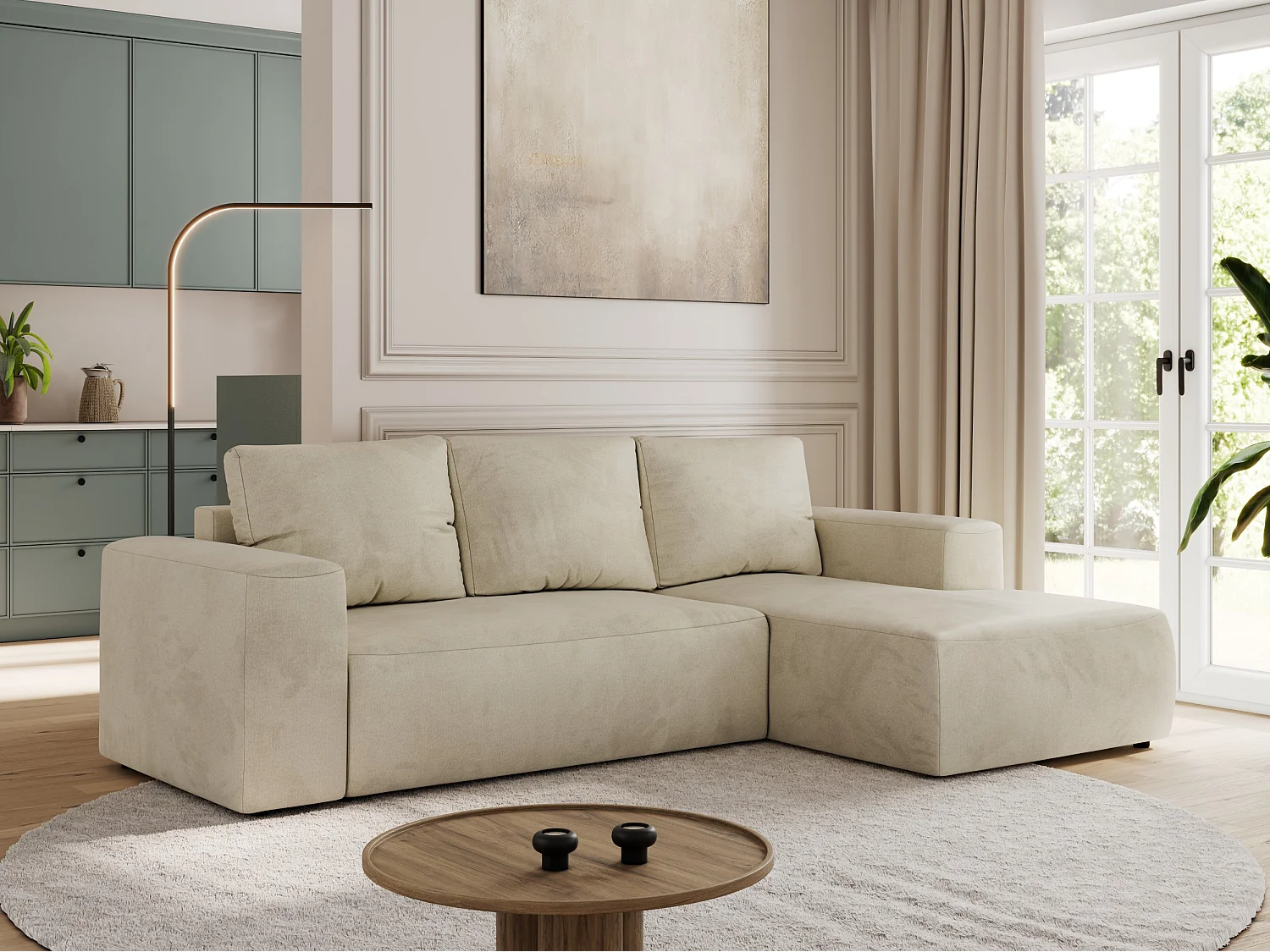 Ecksofa TRENTINO - mit Schlaffunktion und Bettkasten, L-form Couch, lose Kissen und Armlehnen - Beige Velvet - Ecke Rechts