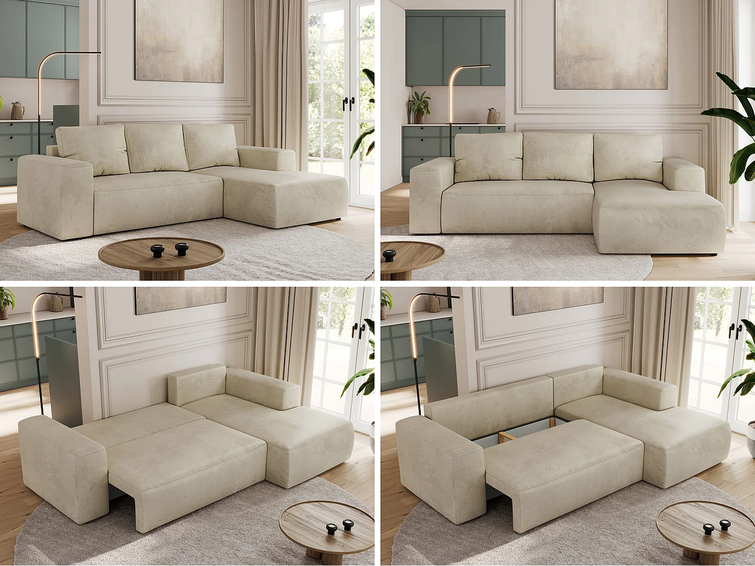 Ecksofa TRENTINO - mit Schlaffunktion und Bettkasten, L-form Couch, lose Kissen und Armlehnen - Beige Velvet - Ecke Rechts