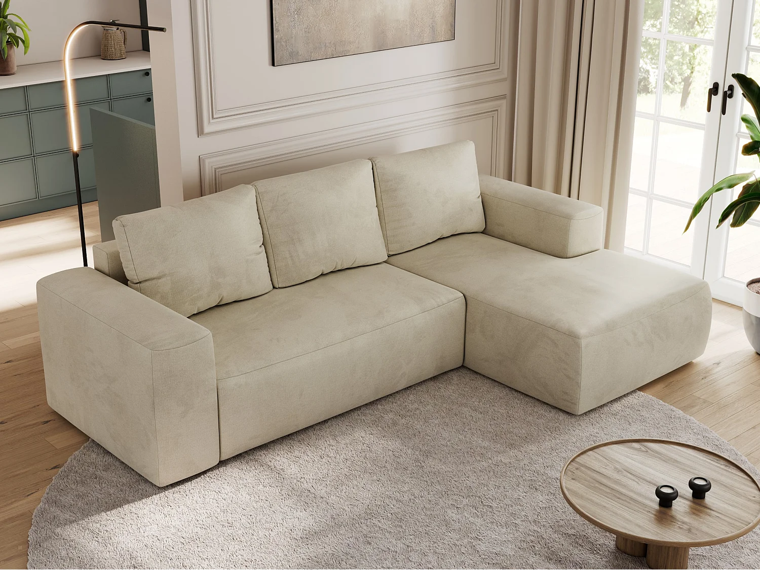 Ecksofa TRENTINO - mit Schlaffunktion und Bettkasten, L-form Couch, lose Kissen und Armlehnen - Beige Velvet - Ecke Rechts