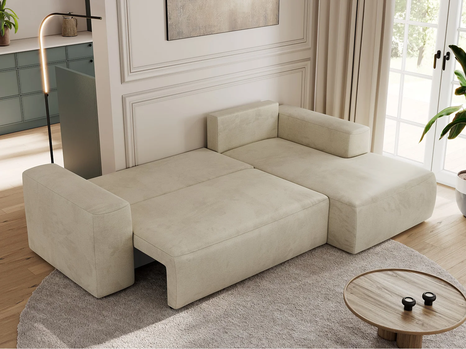Ecksofa TRENTINO - mit Schlaffunktion und Bettkasten, L-form Couch, lose Kissen und Armlehnen - Beige Velvet - Ecke Rechts