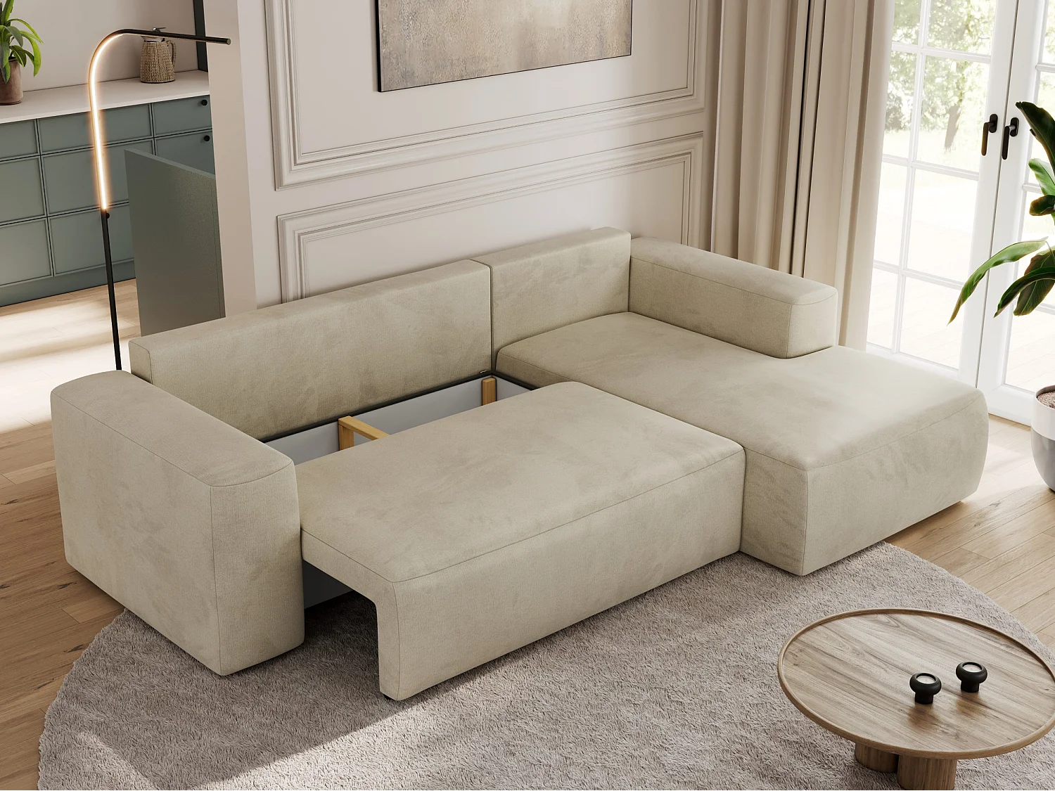Ecksofa TRENTINO - mit Schlaffunktion und Bettkasten, L-form Couch, lose Kissen und Armlehnen - Beige Velvet - Ecke Rechts