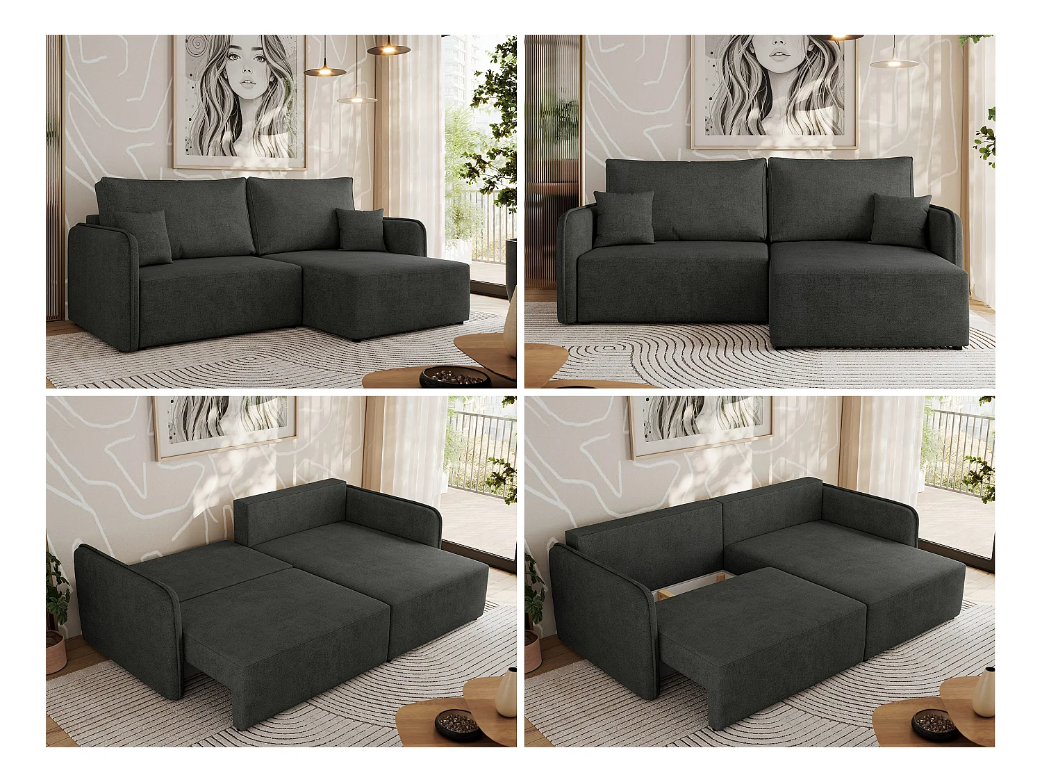 Ecksofa MESTO - Schlaffunktion und Bettkasten, L-form Couch für das Wohnzimmer, Armlehnen - Dunkelgrau Struktur - Ecke Rechts