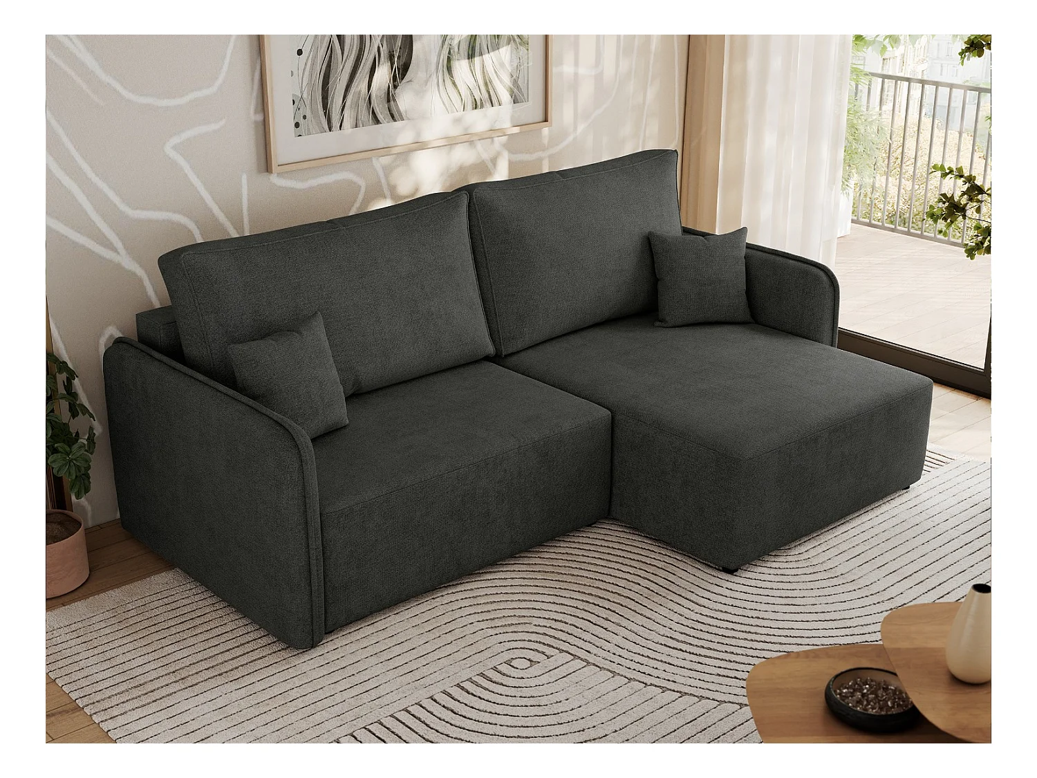 Ecksofa MESTO - Schlaffunktion und Bettkasten, L-form Couch für das Wohnzimmer, Armlehnen - Dunkelgrau Struktur - Ecke Rechts