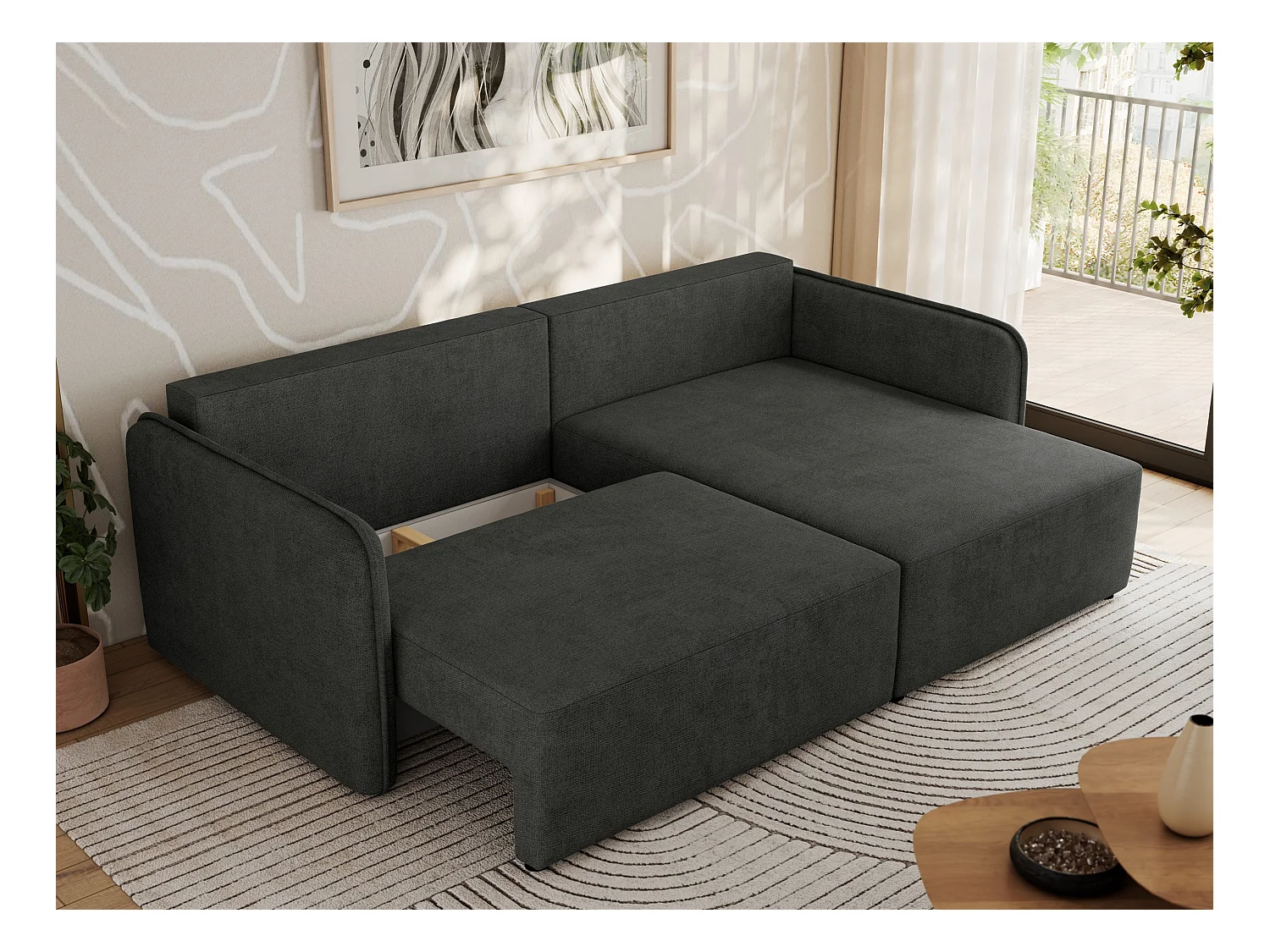 Ecksofa MESTO - Schlaffunktion und Bettkasten, L-form Couch für das Wohnzimmer, Armlehnen - Dunkelgrau Struktur - Ecke Rechts