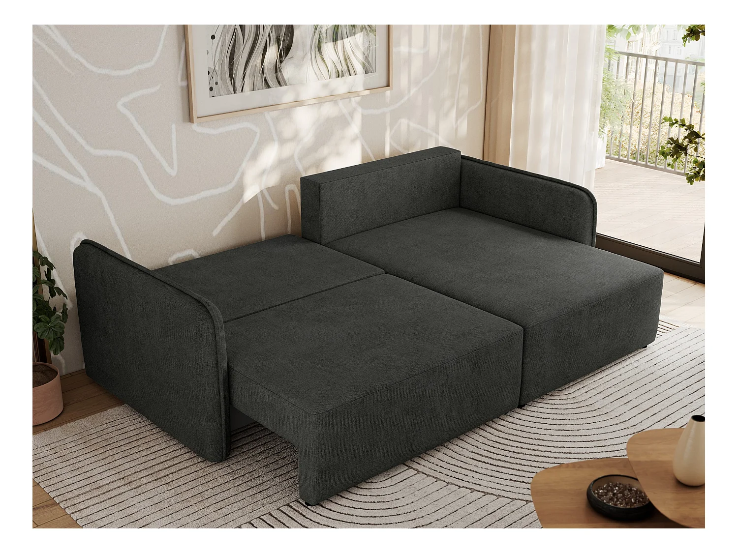 Ecksofa MESTO - Schlaffunktion und Bettkasten, L-form Couch für das Wohnzimmer, Armlehnen - Dunkelgrau Struktur - Ecke Rechts
