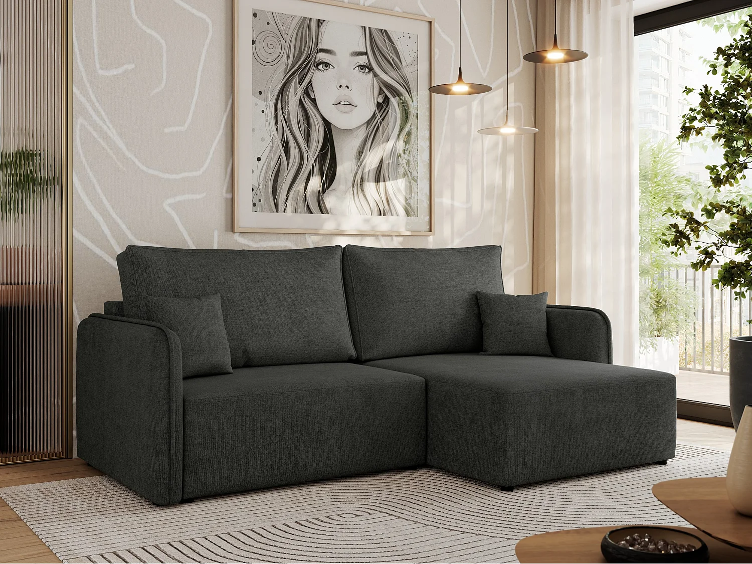 Ecksofa MESTO - Schlaffunktion und Bettkasten, L-form Couch für das Wohnzimmer, Armlehnen - Dunkelgrau Struktur - Ecke Rechts