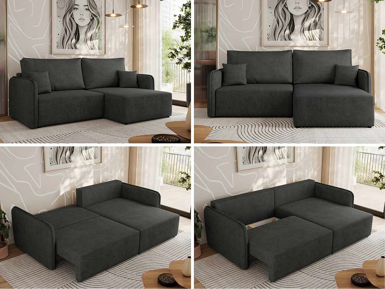 Ecksofa MESTO - Schlaffunktion und Bettkasten, L-form Couch für das Wohnzimmer, Armlehnen - Dunkelgrau Struktur - Ecke Rechts