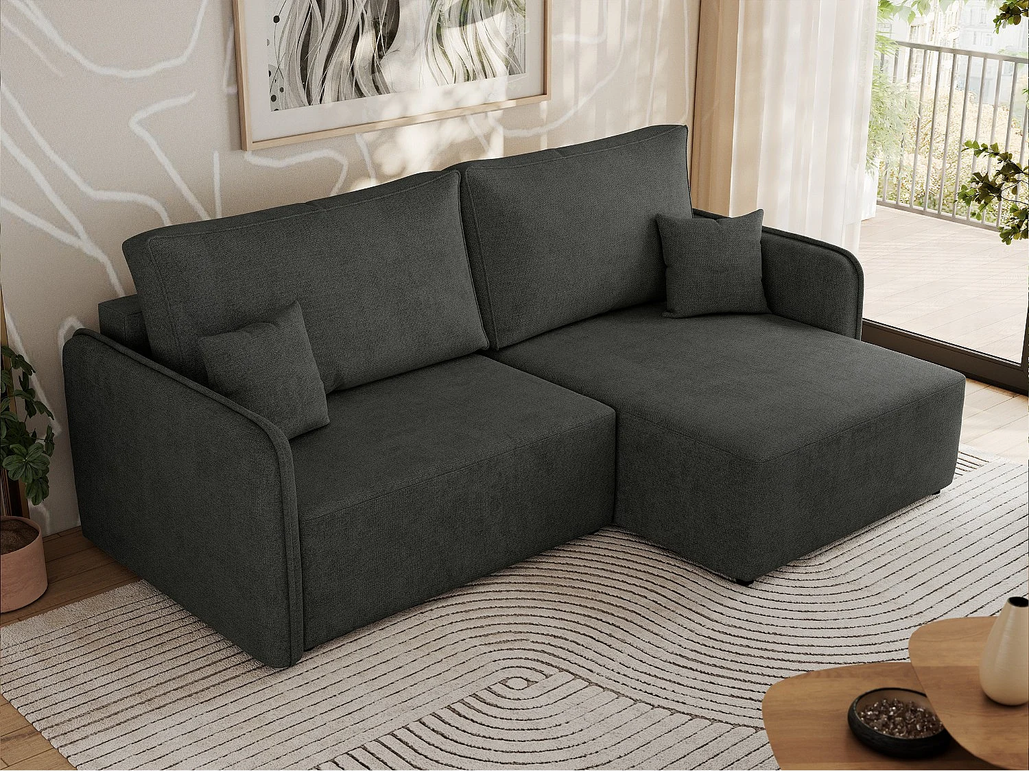 Ecksofa MESTO - Schlaffunktion und Bettkasten, L-form Couch für das Wohnzimmer, Armlehnen - Dunkelgrau Struktur - Ecke Rechts