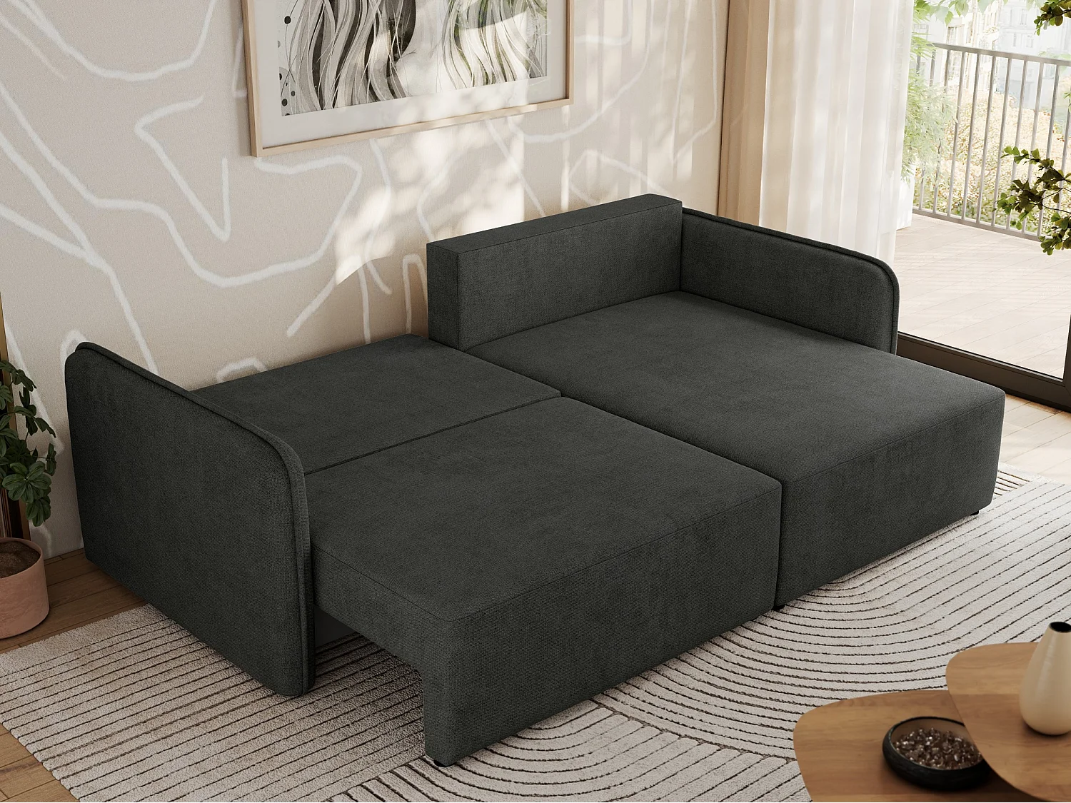 Ecksofa MESTO - Schlaffunktion und Bettkasten, L-form Couch für das Wohnzimmer, Armlehnen - Dunkelgrau Struktur - Ecke Rechts