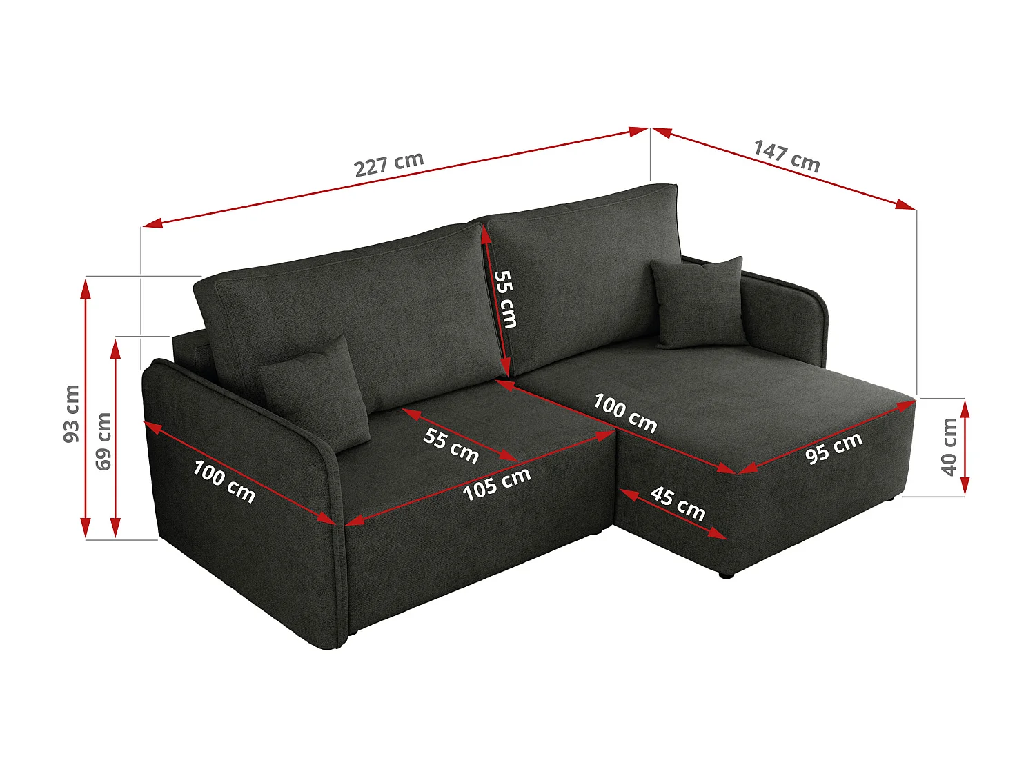 Ecksofa MESTO - Schlaffunktion und Bettkasten, L-form Couch für das Wohnzimmer, Armlehnen - Dunkelgrau Struktur - Ecke Rechts