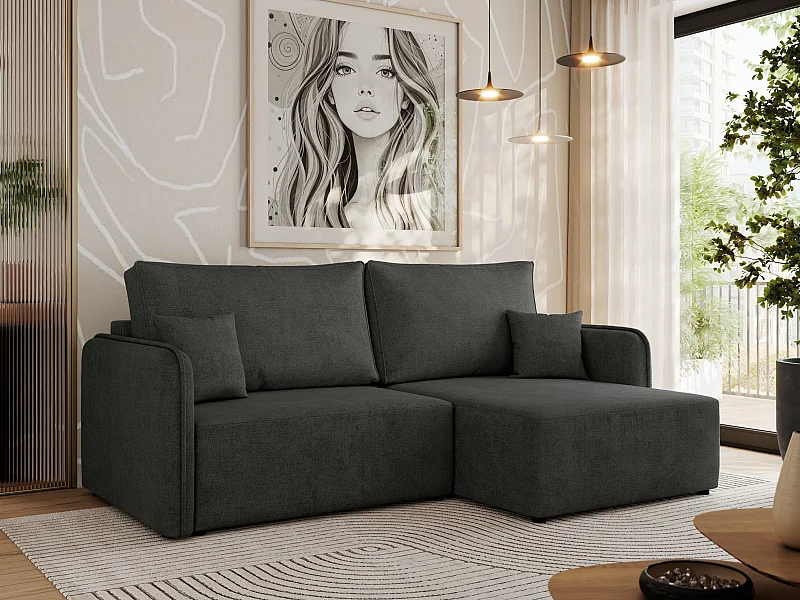 Ecksofa MESTO - Schlaffunktion und Bettkasten, L-form Couch für das Wohnzimmer, Armlehnen - Dunkelgrau Struktur - Ecke Rechts