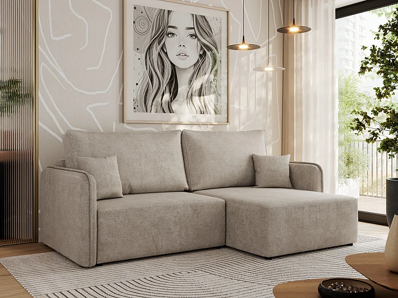 Ecksofa MESTO - Schlaffunktion und Bettkasten, L-form Couch für das Wohnzimmer, Armlehnen - Beige Struktur - Ecke Rechts