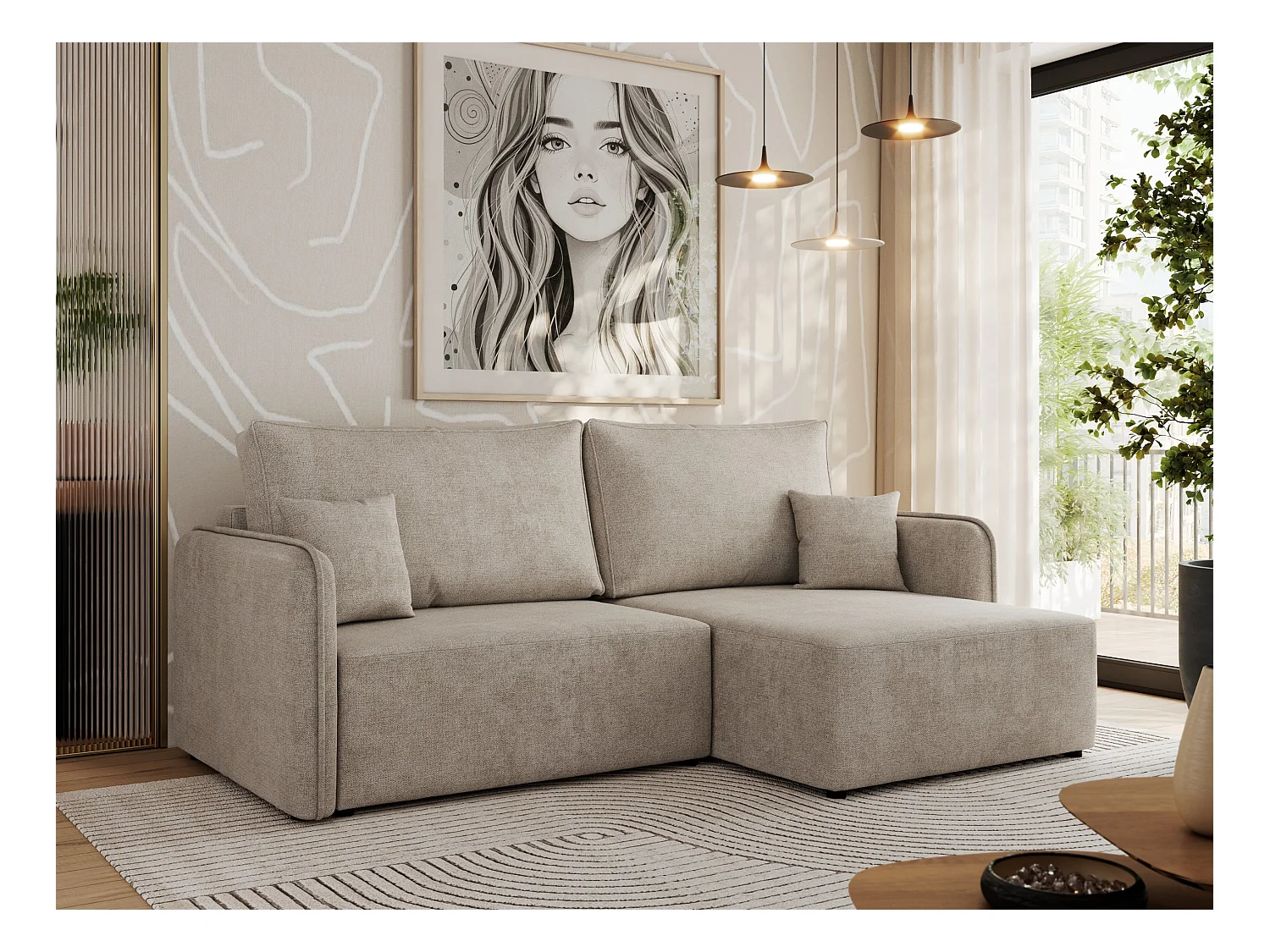 Ecksofa MESTO - Schlaffunktion und Bettkasten, L-form Couch für das Wohnzimmer, Armlehnen - Beige Struktur - Ecke Rechts