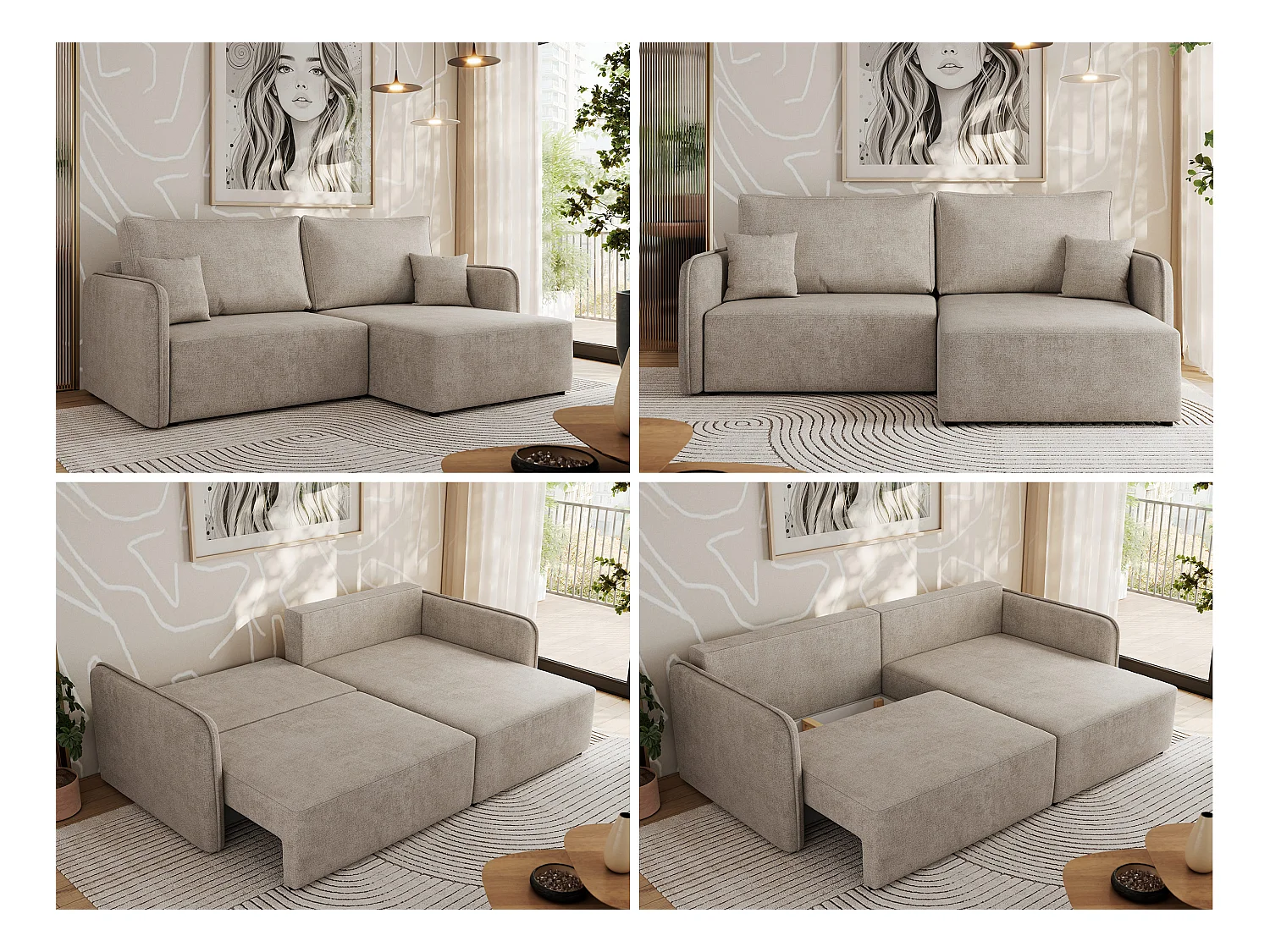 Ecksofa MESTO - Schlaffunktion und Bettkasten, L-form Couch für das Wohnzimmer, Armlehnen - Beige Struktur - Ecke Rechts