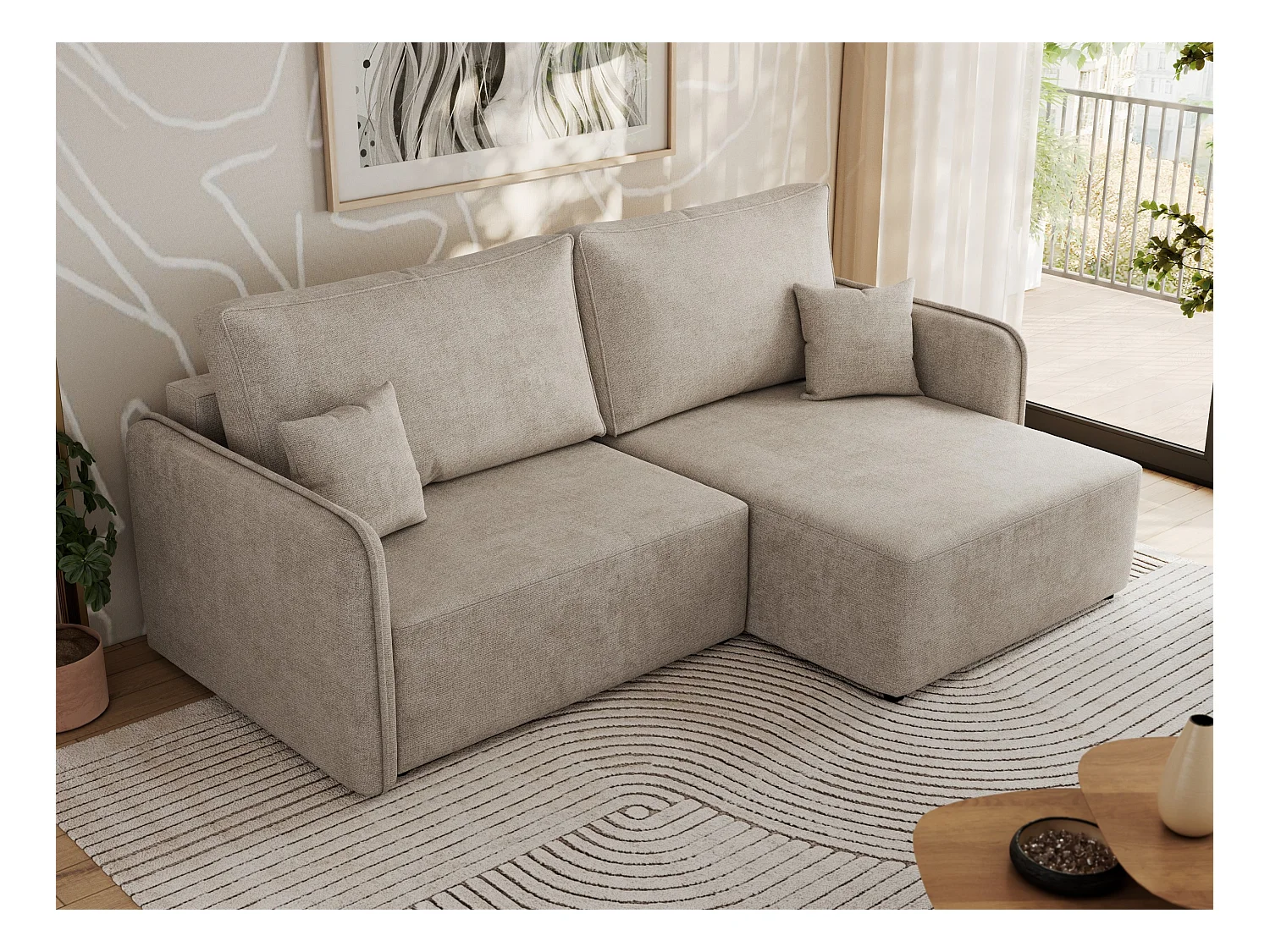 Ecksofa MESTO - Schlaffunktion und Bettkasten, L-form Couch für das Wohnzimmer, Armlehnen - Beige Struktur - Ecke Rechts