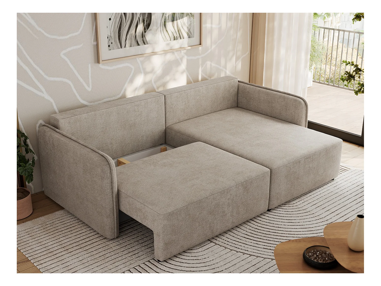 Ecksofa MESTO - Schlaffunktion und Bettkasten, L-form Couch für das Wohnzimmer, Armlehnen - Beige Struktur - Ecke Rechts
