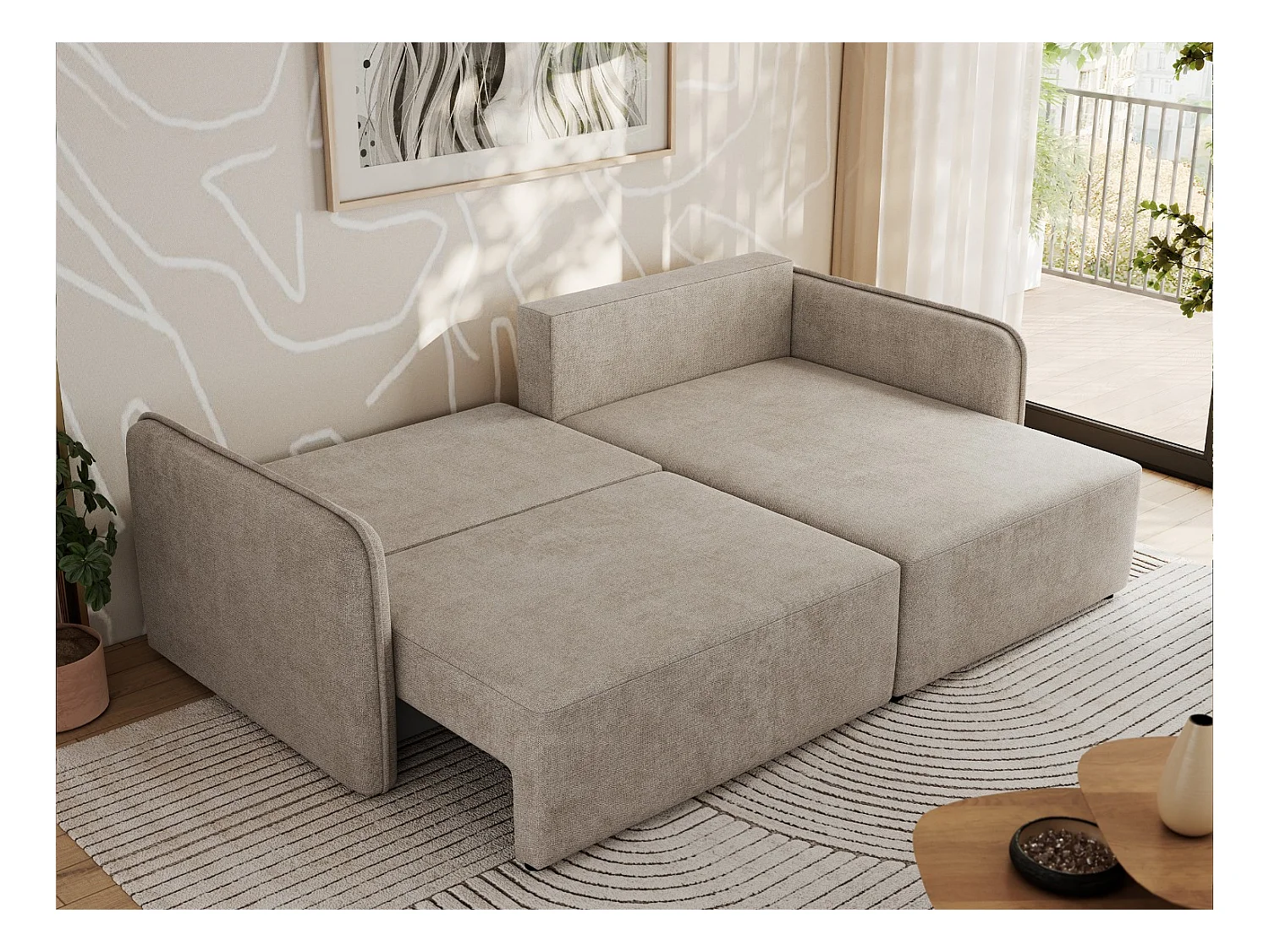 Ecksofa MESTO - Schlaffunktion und Bettkasten, L-form Couch für das Wohnzimmer, Armlehnen - Beige Struktur - Ecke Rechts