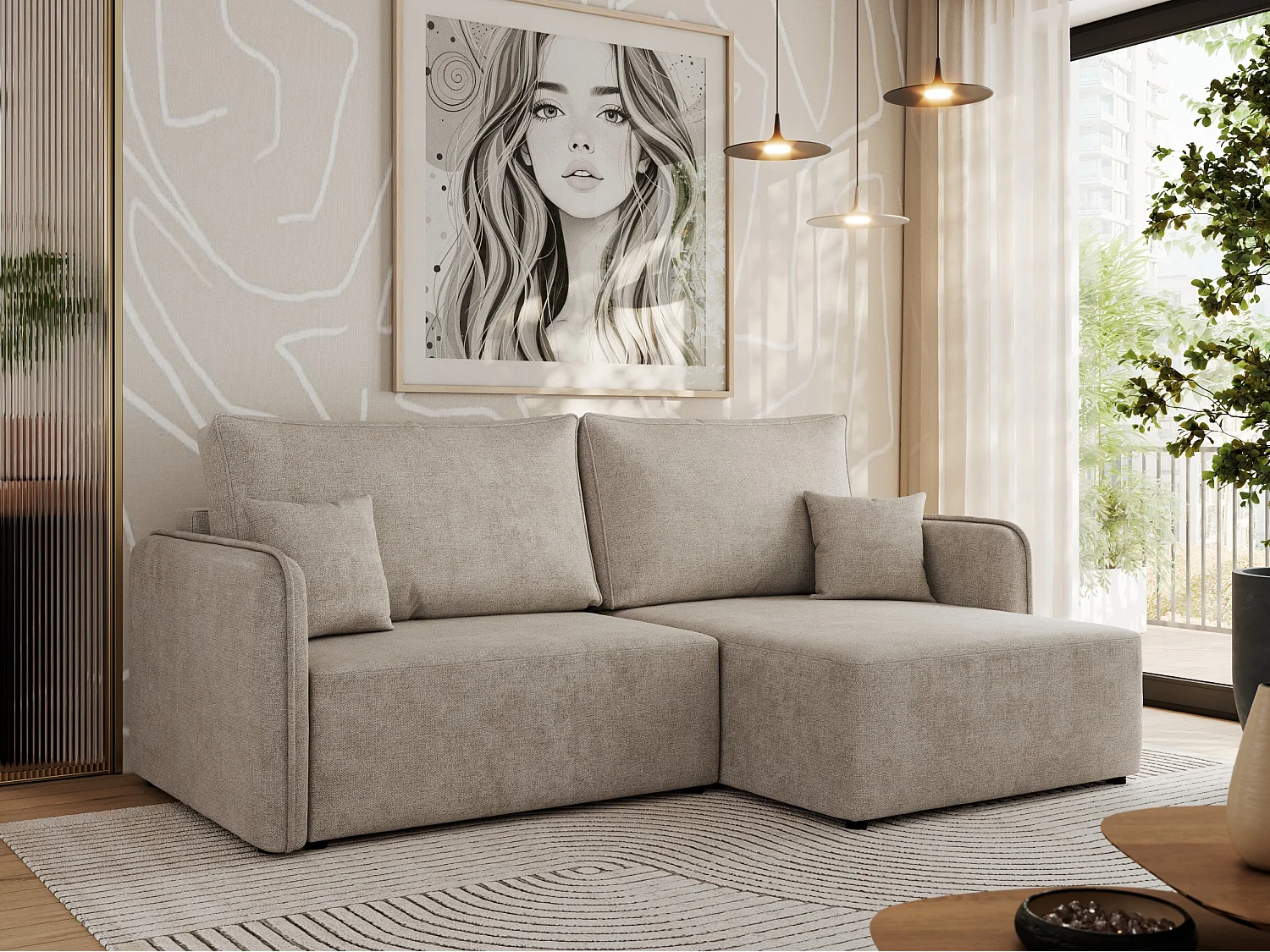 Ecksofa MESTO - Schlaffunktion und Bettkasten, L-form Couch für das Wohnzimmer, Armlehnen - Beige Struktur - Ecke Rechts