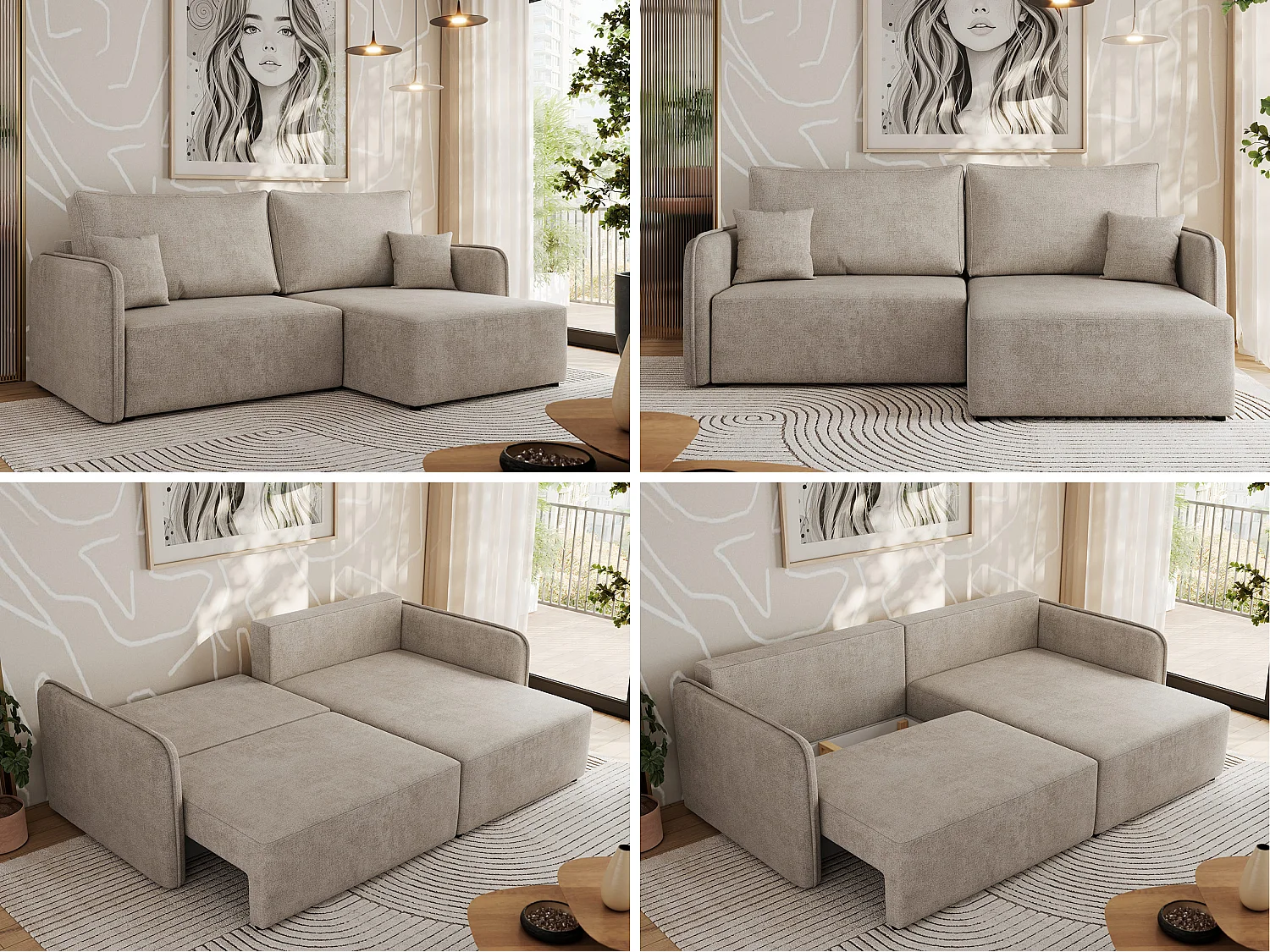 Ecksofa MESTO - Schlaffunktion und Bettkasten, L-form Couch für das Wohnzimmer, Armlehnen - Beige Struktur - Ecke Rechts