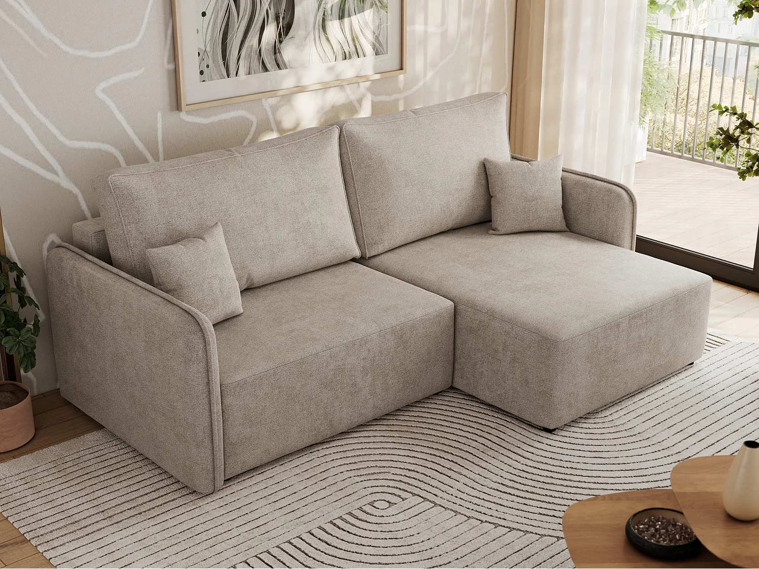 Ecksofa MESTO - Schlaffunktion und Bettkasten, L-form Couch für das Wohnzimmer, Armlehnen - Beige Struktur - Ecke Rechts