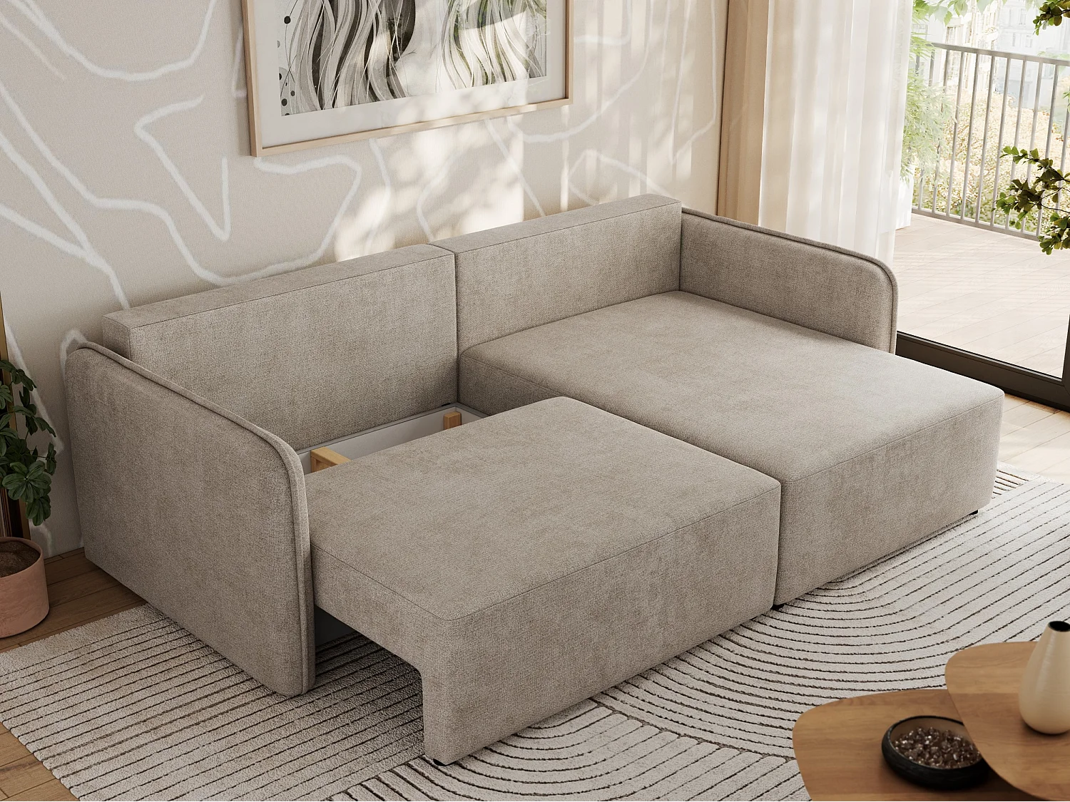 Ecksofa MESTO - Schlaffunktion und Bettkasten, L-form Couch für das Wohnzimmer, Armlehnen - Beige Struktur - Ecke Rechts