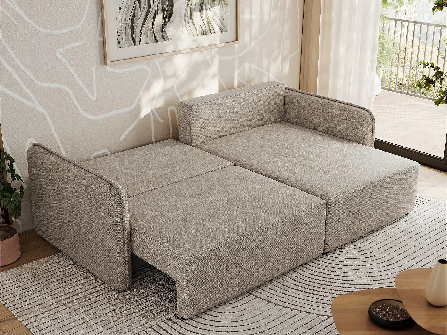 Ecksofa MESTO - Schlaffunktion und Bettkasten, L-form Couch für das Wohnzimmer, Armlehnen - Beige Struktur - Ecke Rechts
