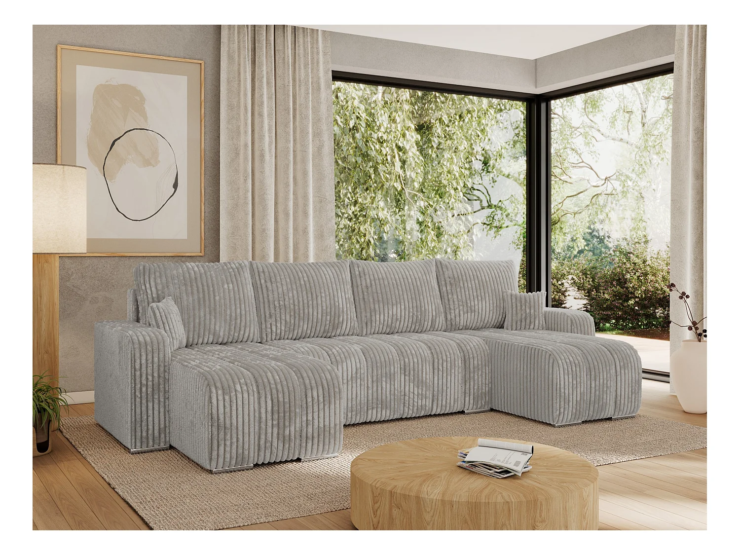 Ecksofa KIRASSO U - Wohnlandschaft, Schlaffunktion und Bettkasten, Couch U-form, lose Kissen - Hellgrau Cord