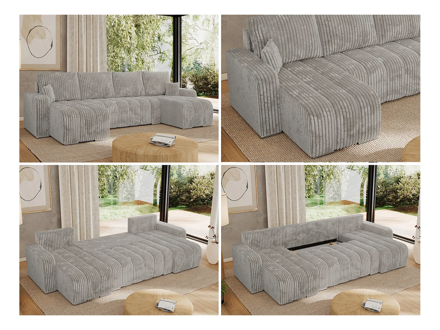 Ecksofa KIRASSO U - Wohnlandschaft, Schlaffunktion und Bettkasten, Couch U-form, lose Kissen - Hellgrau Cord