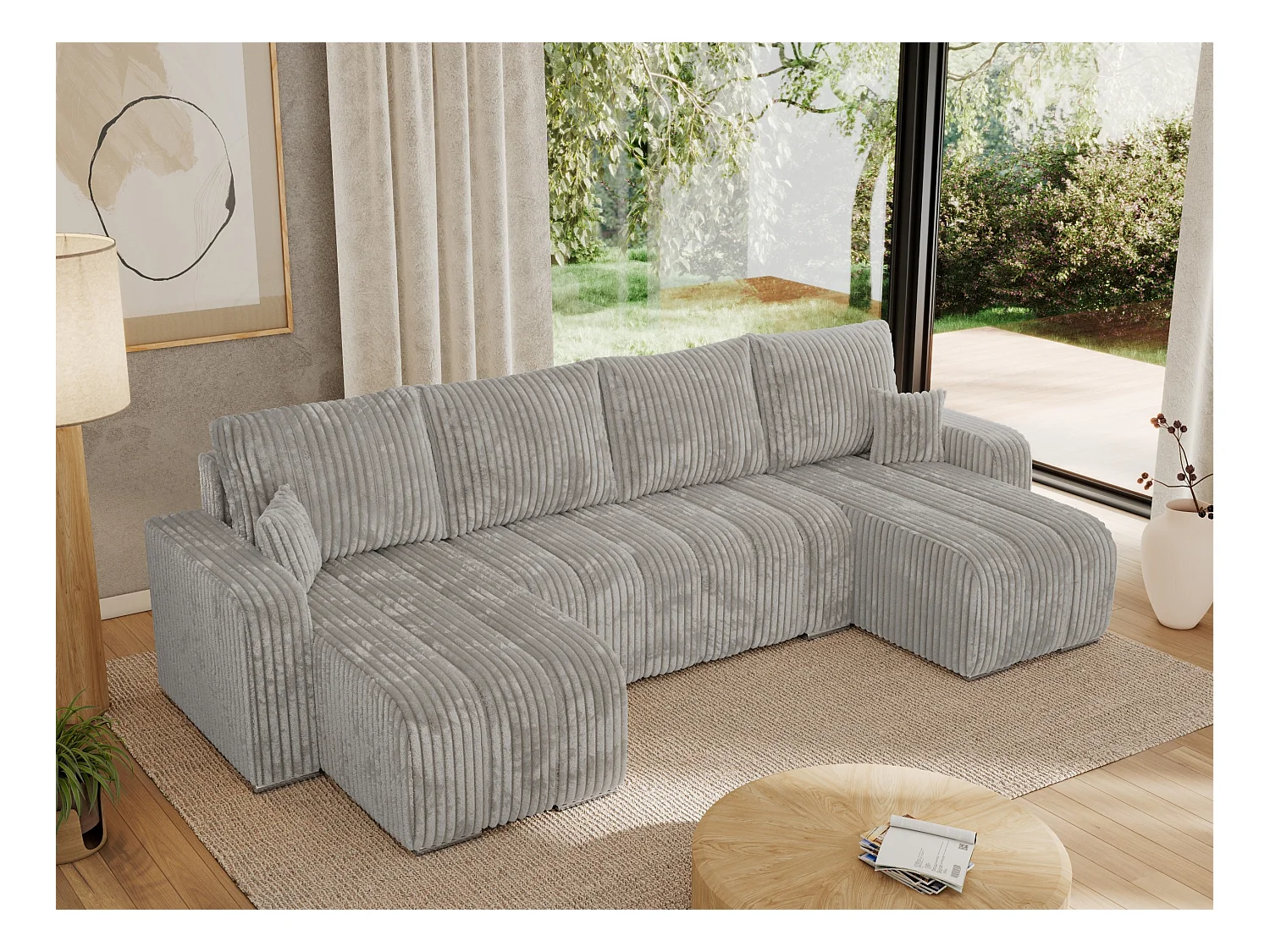 Ecksofa KIRASSO U - Wohnlandschaft, Schlaffunktion und Bettkasten, Couch U-form, lose Kissen - Hellgrau Cord