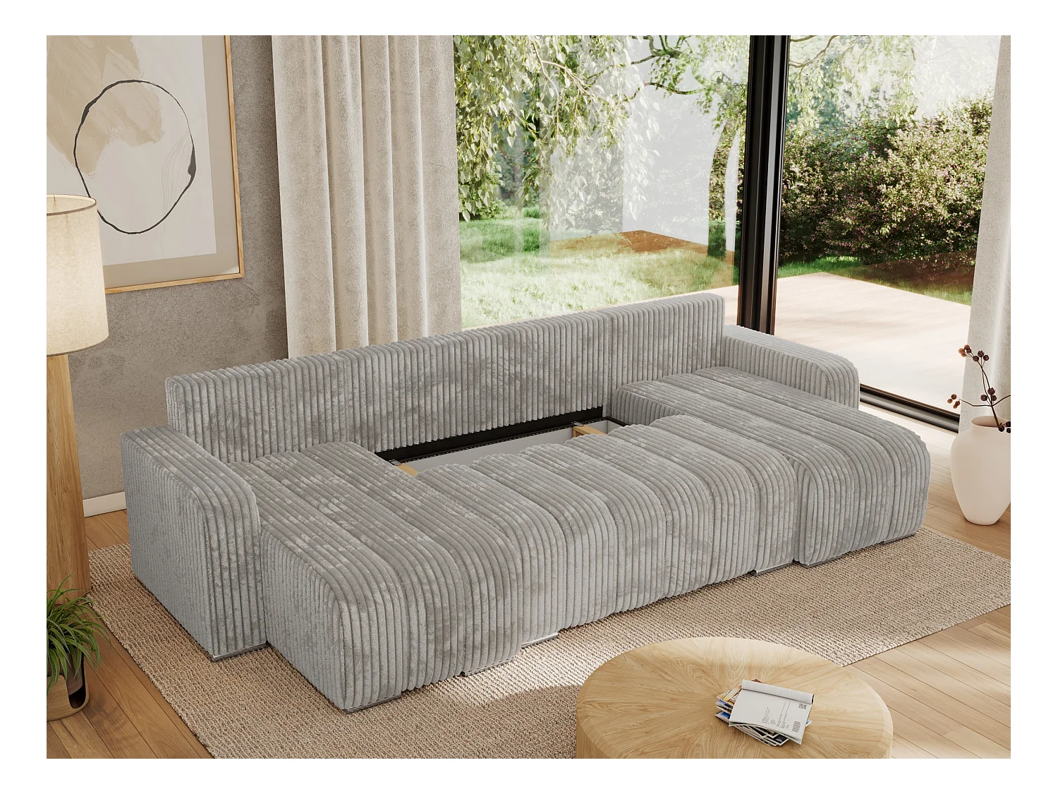 Ecksofa KIRASSO U - Wohnlandschaft, Schlaffunktion und Bettkasten, Couch U-form, lose Kissen - Hellgrau Cord