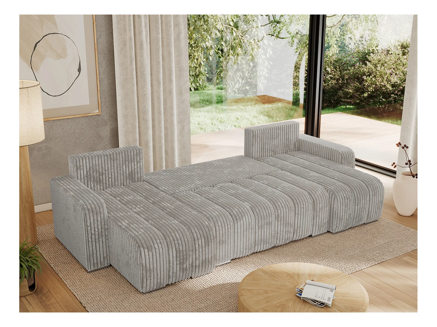 Ecksofa KIRASSO U - Wohnlandschaft, Schlaffunktion und Bettkasten, Couch U-form, lose Kissen - Hellgrau Cord
