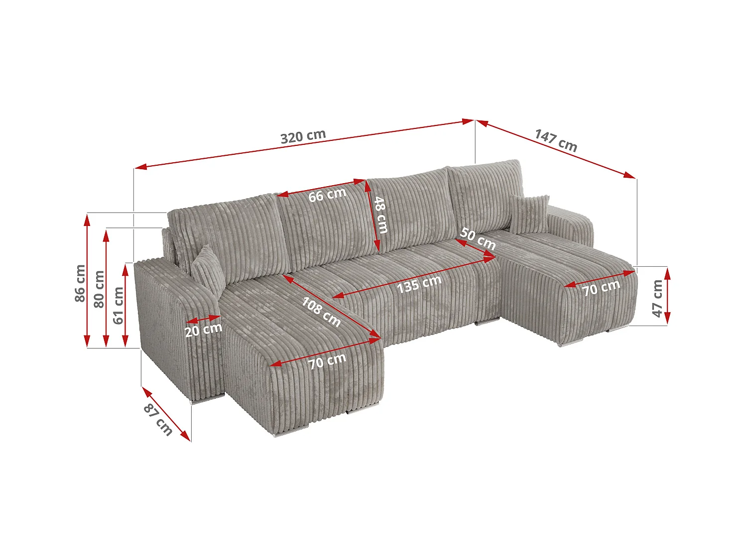 Ecksofa KIRASSO U - Wohnlandschaft, Schlaffunktion und Bettkasten, Couch U-form, lose Kissen - Hellgrau Cord