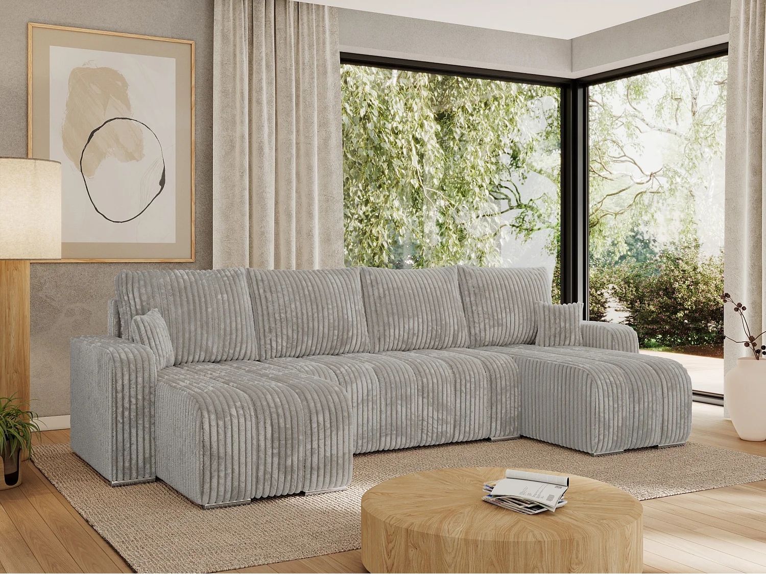 Ecksofa KIRASSO U - Wohnlandschaft, Schlaffunktion und Bettkasten, Couch U-form, lose Kissen - Hellgrau Cord