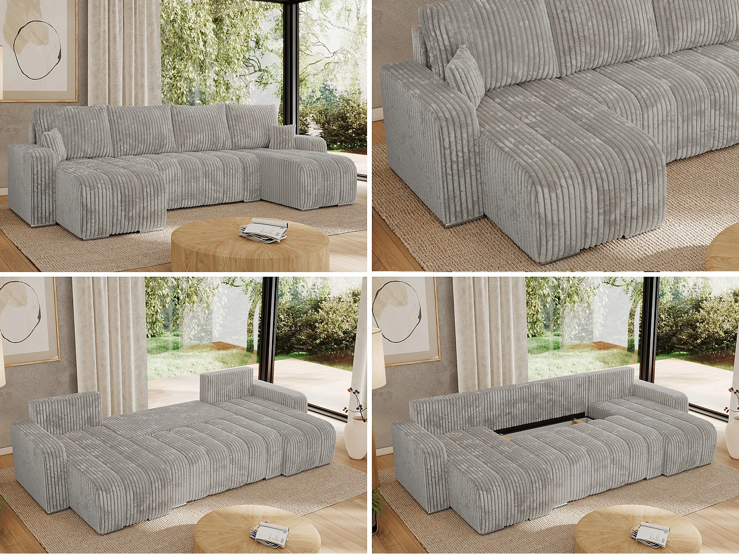 Ecksofa KIRASSO U - Wohnlandschaft, Schlaffunktion und Bettkasten, Couch U-form, lose Kissen - Hellgrau Cord