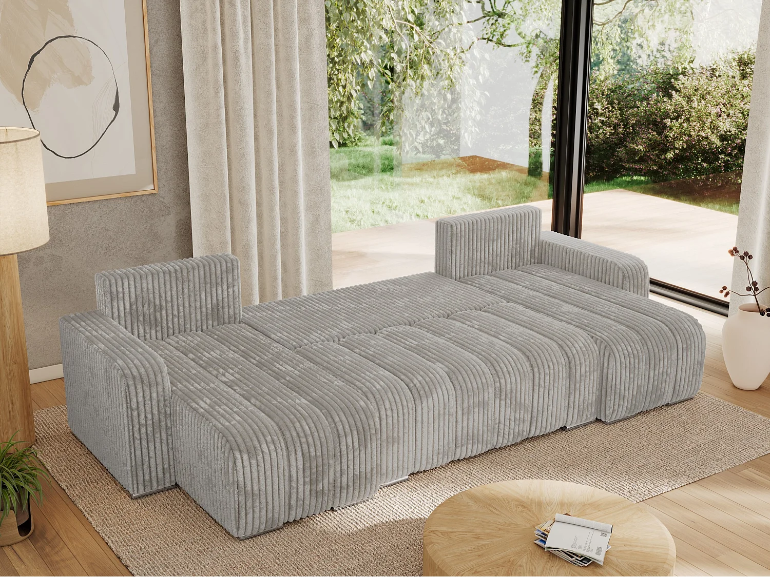 Ecksofa KIRASSO U - Wohnlandschaft, Schlaffunktion und Bettkasten, Couch U-form, lose Kissen - Hellgrau Cord