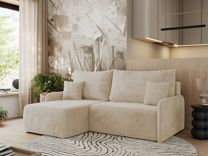 Ecksofa ARPA - L-form Schlaffsofa, Bettkasten und lose Kissen, Armlehnen - Creme Plüsch - Ecke Links