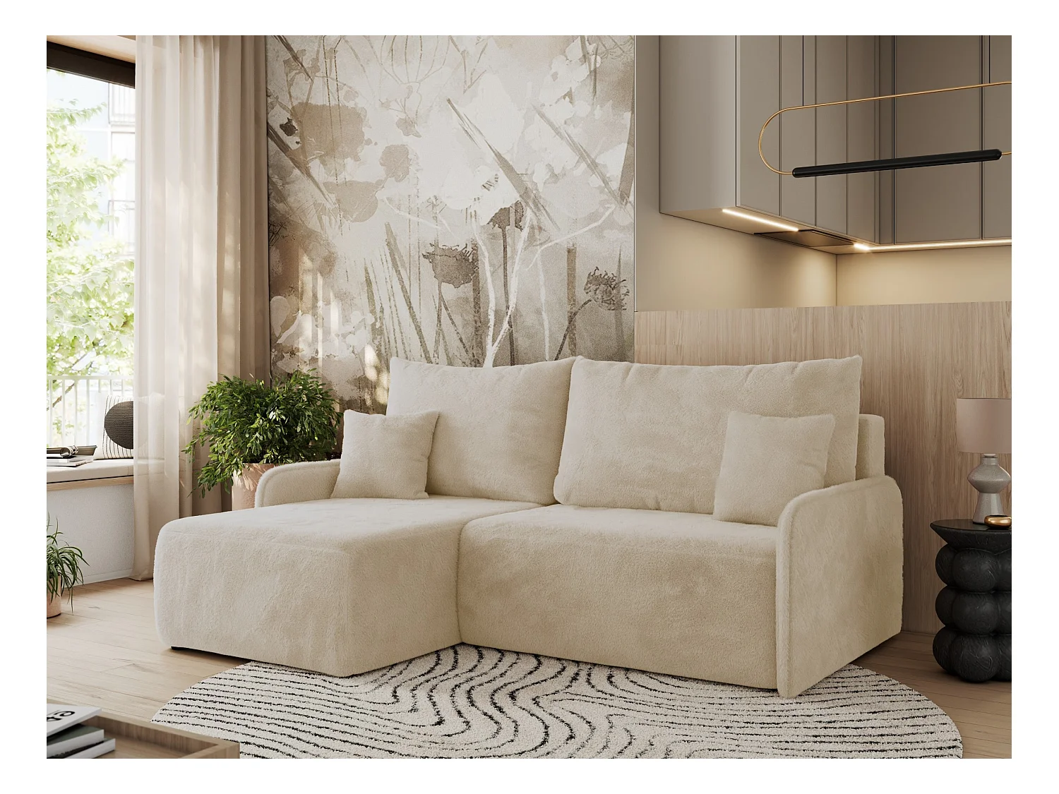 Ecksofa ARPA - L-form Schlaffsofa, Bettkasten und lose Kissen, Armlehnen - Creme Plüsch - Ecke Links